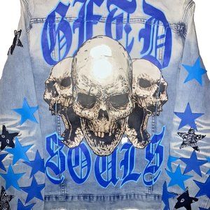 GFTD LA Embroidered Patchwork Stars Skull & Bones Denim Jean Jacket LARGE